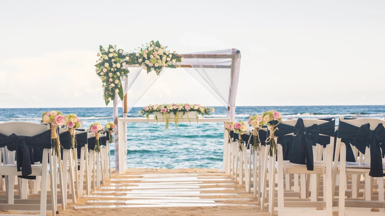 Ceremony decor on beach wedding venue at Sunscape Akumal Beach Resort