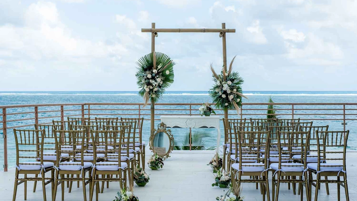 Ceremony decor on al mare terrace at the fives oceanfront puerto morelos