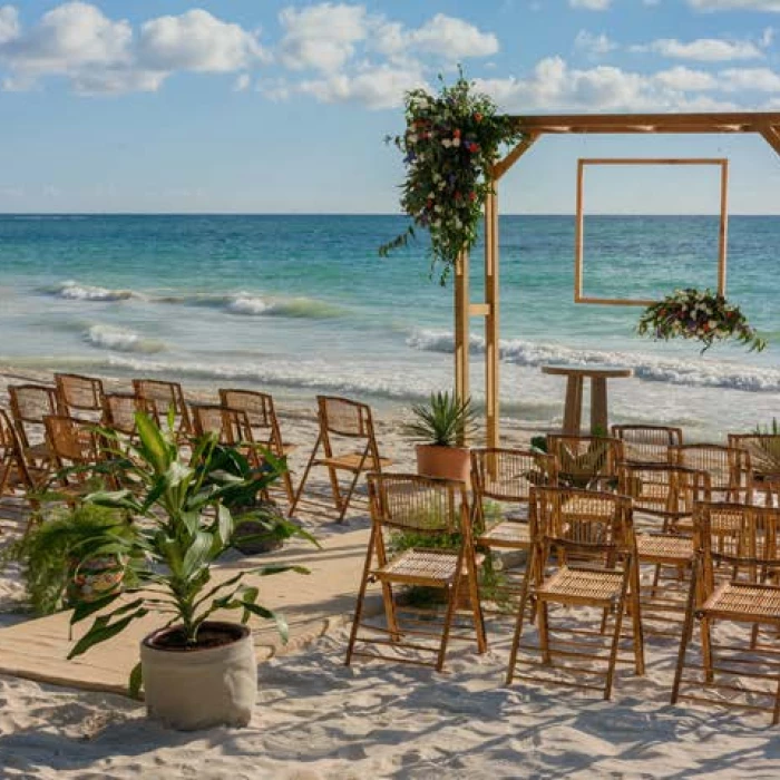 Ceremony decor on beach wedding venue at Unico 20°87° Hotel Riviera Maya