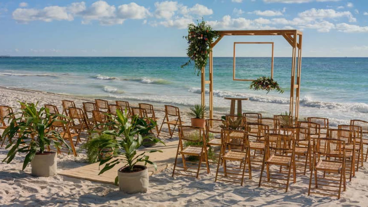 Ceremony decor on beach wedding venue at Unico 20°87° Hotel Riviera Maya