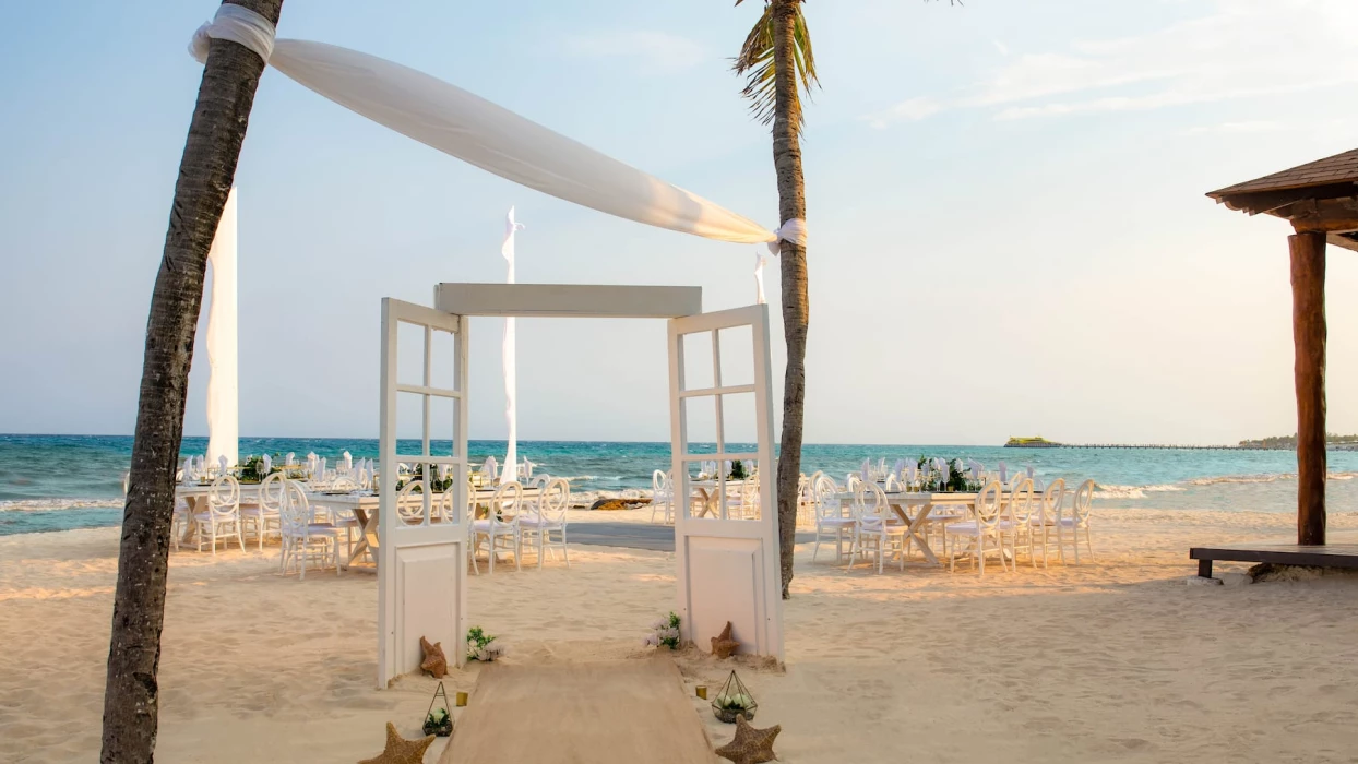 Beach wedding reception set up at Wyndham Alltra Playa del Carmen