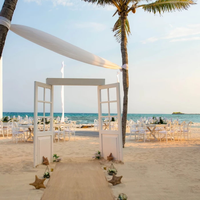 Beach wedding reception set up at Wyndham Alltra Playa del Carmen